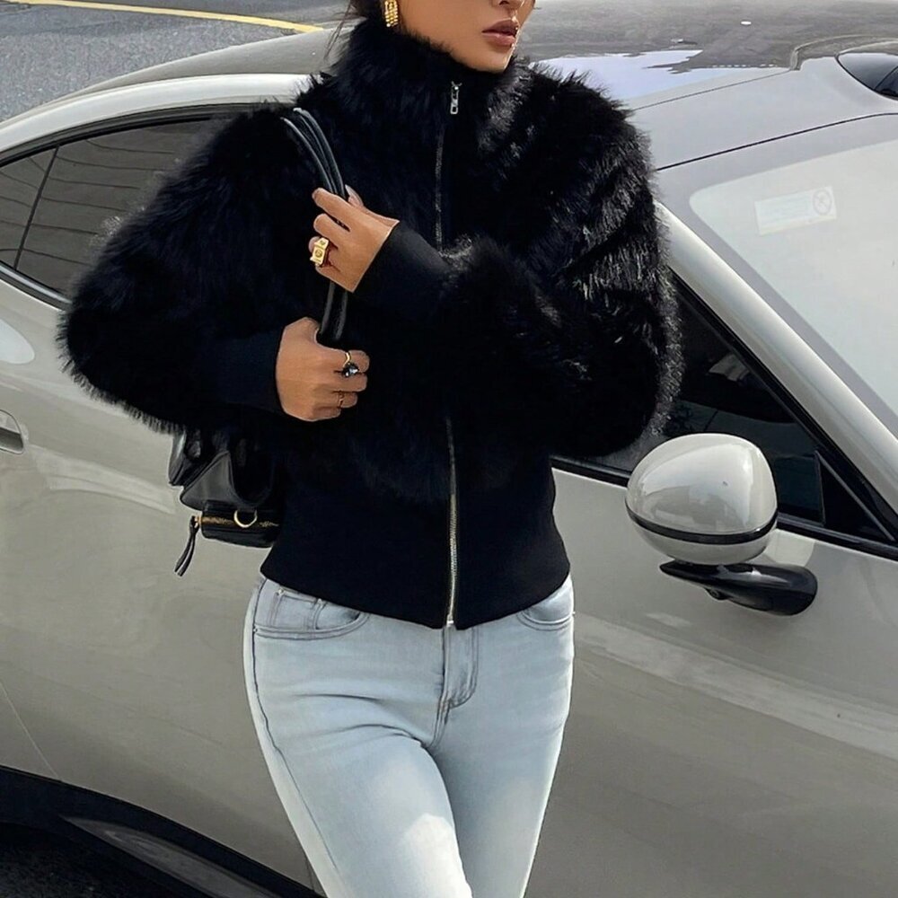 Black Casual Women's Minimalist Y2k Long Sleeve Faux Fur Jacket - Picture 7 of 8